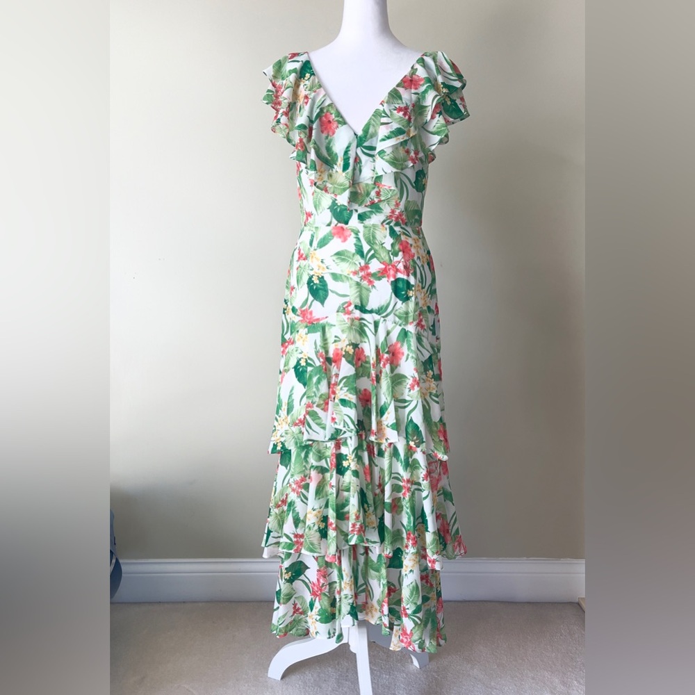 WAYF Chelsea Ruffle Tiered Tropical Floral Chiffon Lightweight Maxi Dress NWOT - Picture 3 of 7